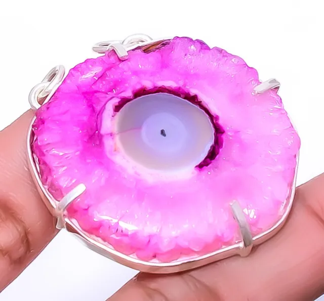 Pink Solar Quartz Eye Handmade Gemstone 925 Sterling Silver Pendant 1.72" A31