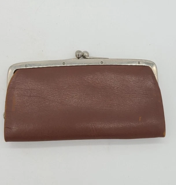 Vintage Kiss Lock Brown Leather Coin Purse Divided Two Compartments 4" x 2"