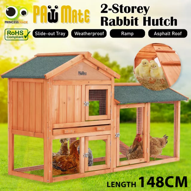 Rabbit Hutch Chicken Coop Run 2 Storey Wooden Cage Large Pet House Metal Outdoor