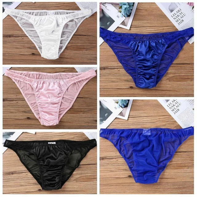 MENS BRIEFS SATIN Silk Gstring Mesh Butt Sheer Bikini Panties Sissy