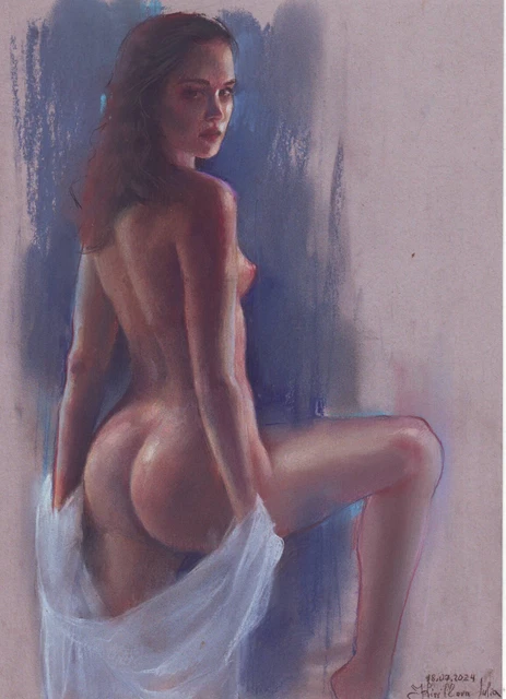 Peinture Originale Femme Nue - Aquarelle Réaliste Signée - École Française