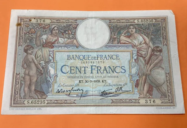 Billet 100 Francs Luc Olivier Merson 1939