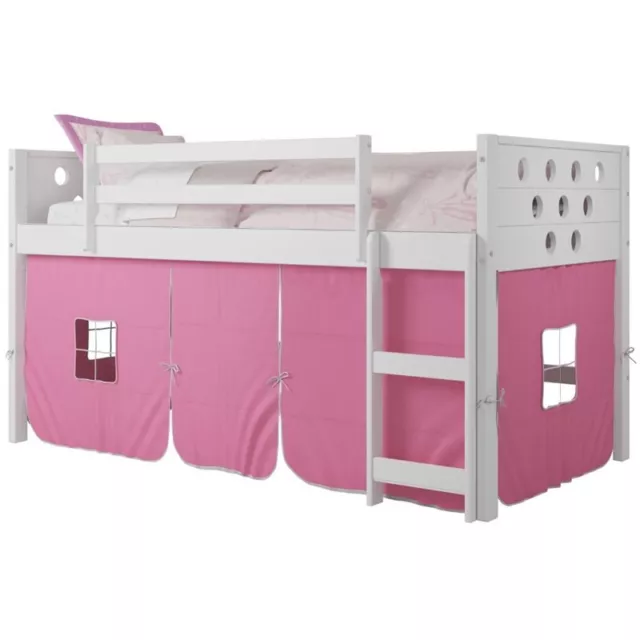 Donco Kids Circles Twin Wooden Low Loft Bed with Pink Tent in White