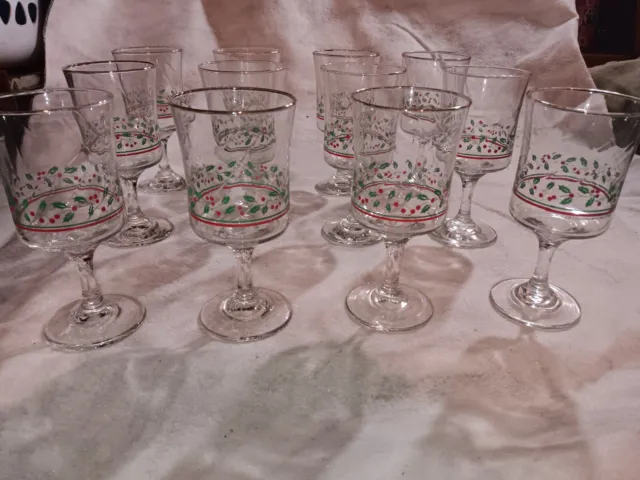 Vintage Libbey Holly Berry Christmas Wine Water Glasses Goblets ~ Set of 12