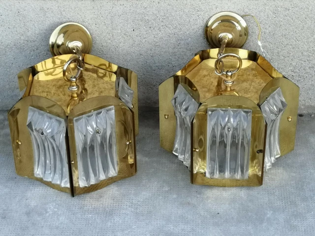 2 lustres plafonnier verre laiton design Paolo venini? Murano? Brass lamp glass