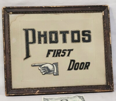 Original c1900 Photography Studio SIGN Pointing Hand Paint Antique Photographer