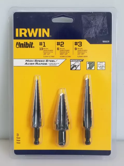 IRWIN Unibit 3-Piece Step Drill Bit Set, HSS, 1/8 to 3/4in, 10502ZR, NEW