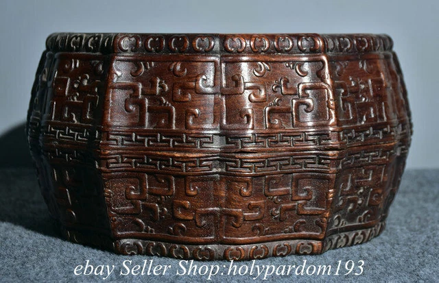 Old Chinese Huanghuali Wood Carving Dynasty Flower Dragon Circular Box Statue