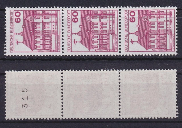 Bund 1028 RM 3er Streifen ungerader Nummer Burgen+Schlöser 60 Pf ** neue Fluor