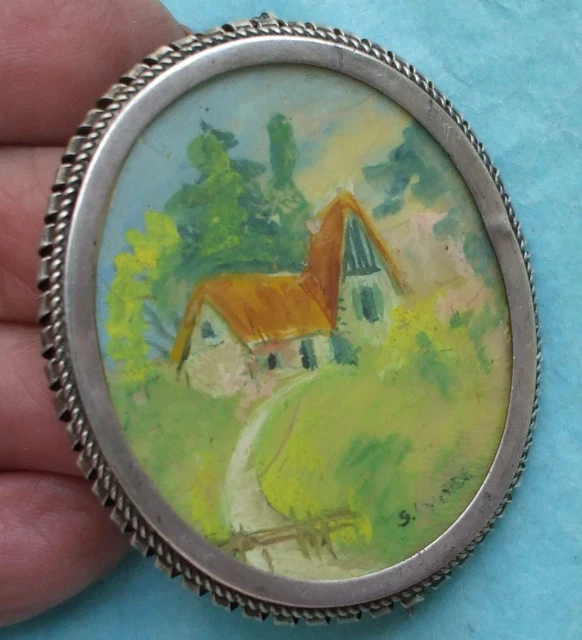 JOLIE BROCHE VINTAGE ARGENT MASSIF ET AQUARELLE SIGNEE : 10,7 Grammes .