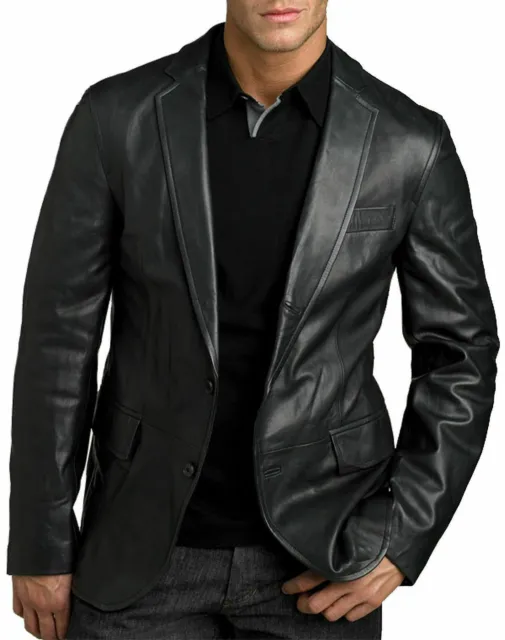Men's Genuine Lambskin High Quality Leather Blazer Soft TWO BUTTON Coat Jacket