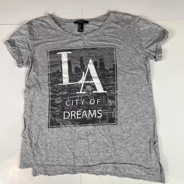 Forever 21 Womens T Shirt LA City Of Dreams Top Size Medium Short Sleeve Gray