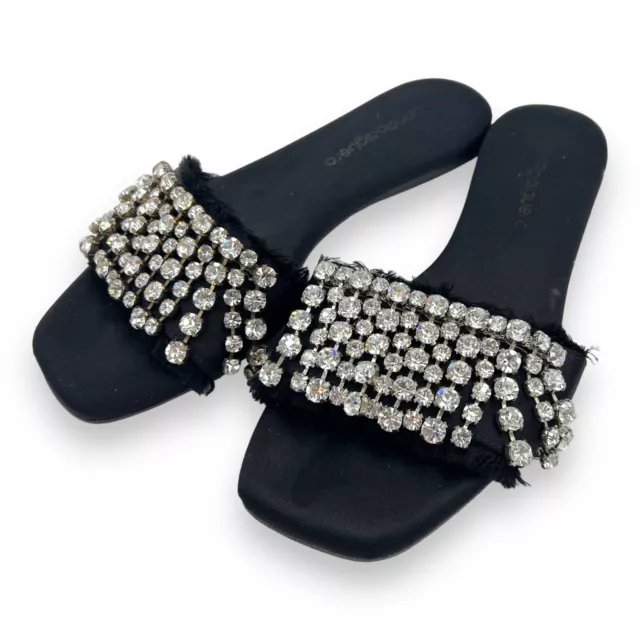 ANNA BAIGUERA Black Satin Crystal Embellished Satin Slides Flats 39 EU 8.5