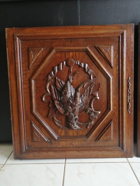25" Pair French Antique Architectural Hunting Bird Gothic Panel Door Solid Oak 2