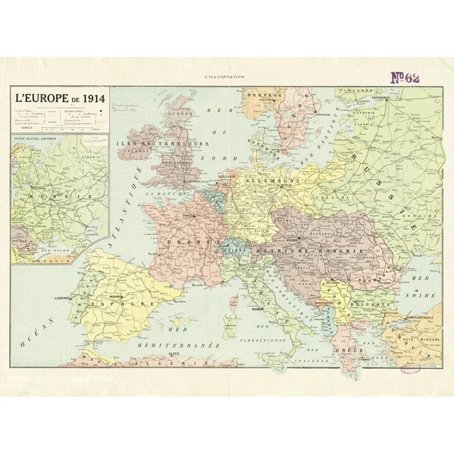 PELTIER 1914 POLITICAL Map Europe French Language Canvas Wall Art Print 