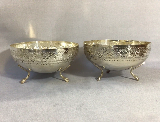 Antique 830 Hallmarked Pair Of Silver Three Legged Bowls  199.23g Scandinavian?