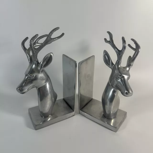 Silver Deer Head Bookends Antlers Stag Metal Polished Heavy Decorative