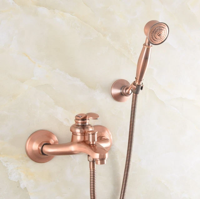 Antique Red Copper Bathroom Bath Tub Faucet Set Wall Mount Hand Shower Mixer Tap