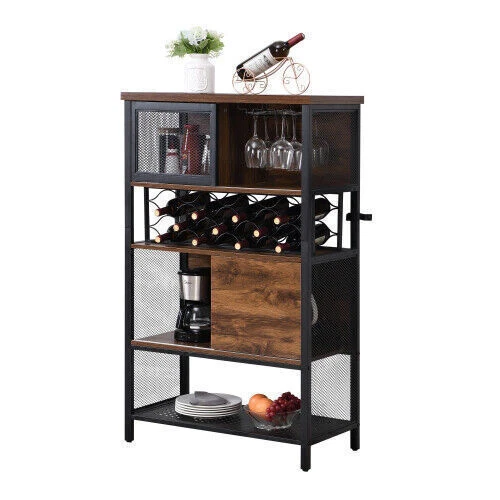 Industrial Bar Cabinet w/Wine Rack for Liquor and Glasses Wood Metal Cabinet US