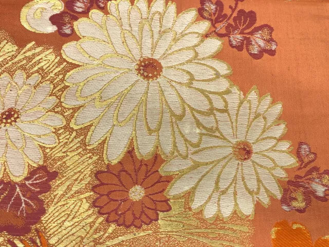 6481698: Japanese Kimono / Antique Nagoya Obi / Woven Fence With Kiku