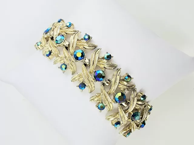 Vintage Signed CORO Blue Green AB Rhinestone Bracelet Gold Tone