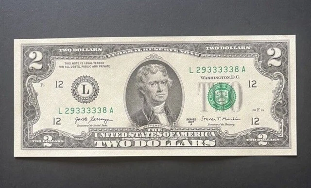 CRISP $2 DOLLAR BILL FIVE-OF-A-KIND #: 29333338 UNC. Series 2017A.