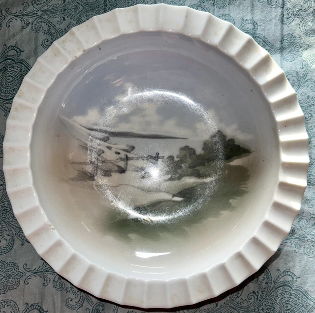 Vintage Lyngby Copenhagen Large Porcelain Hand Painted Landscape Bowl Seascape