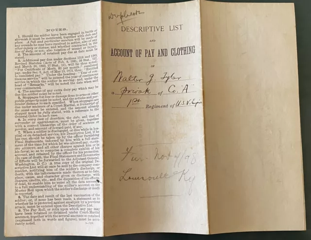 1898 Account of Pay & Clothing Porto Puerto Rico, Spanish American War Document