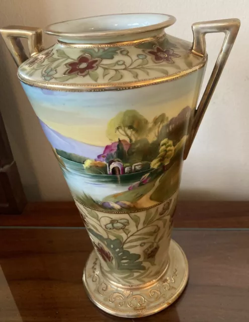 Antique Hand Painted Nippon 10" Scenic Vase