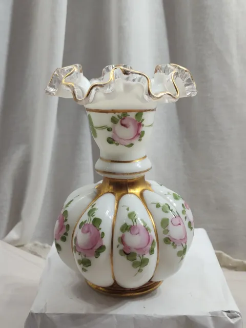 Fenton 1940's Charleton Roses Silver Crest Crimpled Milk Glass Vase Gold Trim