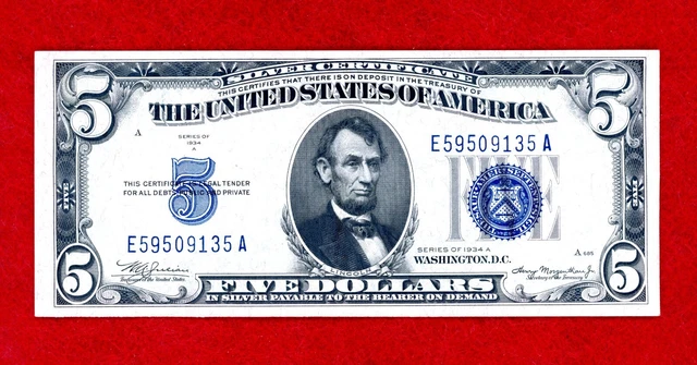 1934 A $5 Blue Seal Silver Certificate Note Crisp High Grade Note