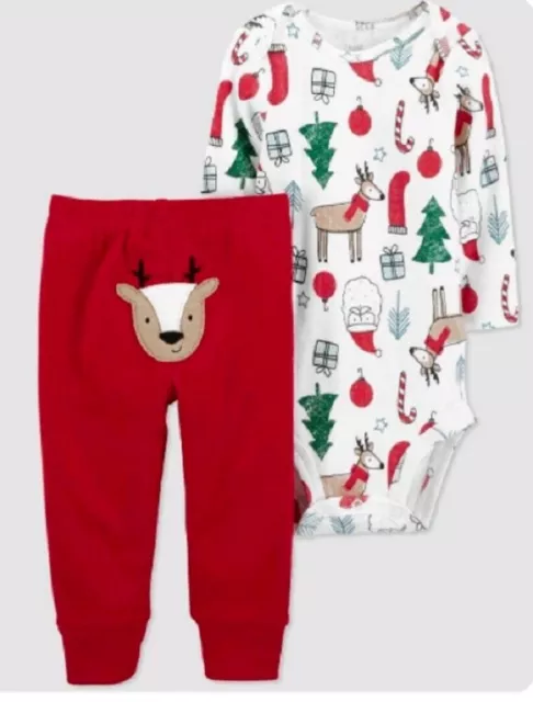 Carter's 2 Piece Santa Reindeer Christmas Holiday Print Outfit Size Newborn