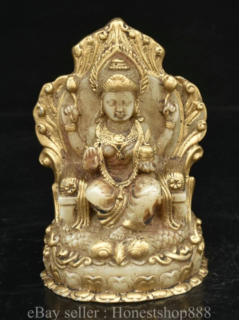 6.4 " China White Jade Gilt Dynasty Palace 4 Arms matsu Mazu Buddha Statue