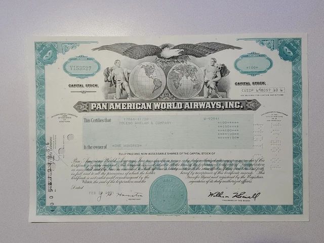 Pan American World Airways Cancelled Stock Certificate