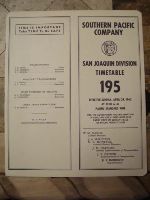 Southern Pacific San Joaquin Division  Employee Timetable #195  April 29,1962