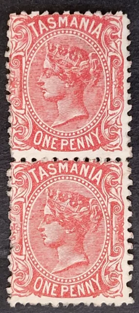 1871 Tasmania Australia Pair 1d Rose sideface stamp P11 1/2  WMK Lined TAS Mint