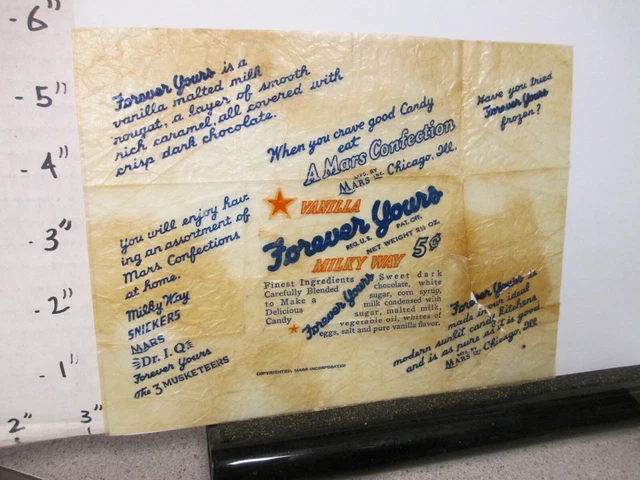 candy bar wrapper 1940s FOREVER YOURS Mars 2.25 oz 5 cents dark chocolate