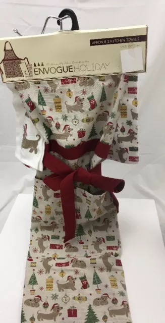 Envogue Christmas Ornament Tree Dachshund Wiener Dog Apron & 2 Kitchen Towel Set