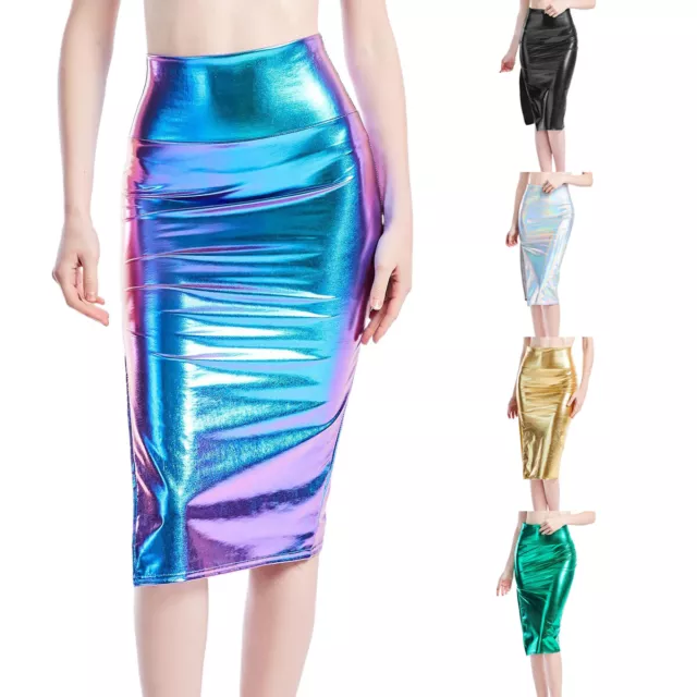 Women's Midi Skirt High Waist Pencil Metallic Mardi Gras Bodycon High Slit Skirt