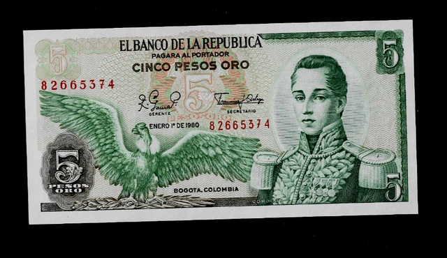 Colombia ( 1 ) Bank Note 5 Pesos Oro  1 . 1 . 1980) P 406 F Crisp Uncirculated
