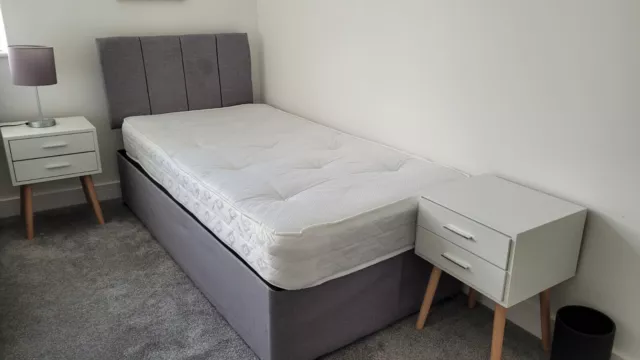 3ft Single Bed Base with Mattress Divan Grey Fabric. Hardly Used