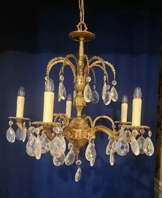 1 Of 3 Matching Vintage 5 Lite Spanish Brass French Chandeliers Crystal Prisms