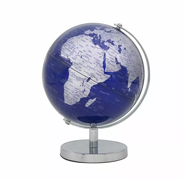 Adorno De Mesa Atlas Azul Y Plateado Pequeño Globo Contemporáneo Sobre Base Metálica *