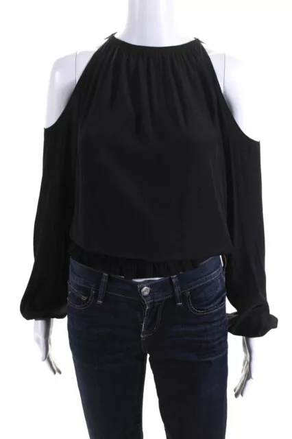 Ramy Brook Womens Ruched Cold Shoulder Textured Blouson Top Black Size XS