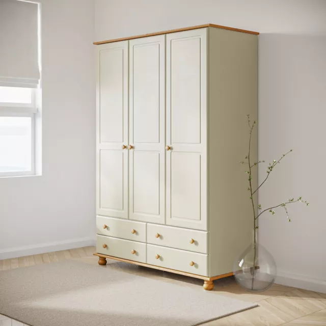 Wardrobe 3 Door 4 Drawer Cream Solid Pine Wooden with Bun Feet Classic Style