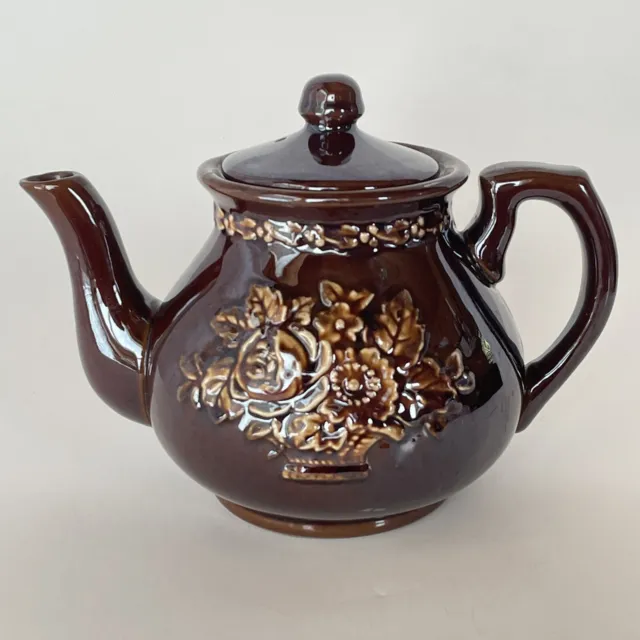 Vintage Redware Brown Betty Teapot Hand Painted Made In Occupied Japan
