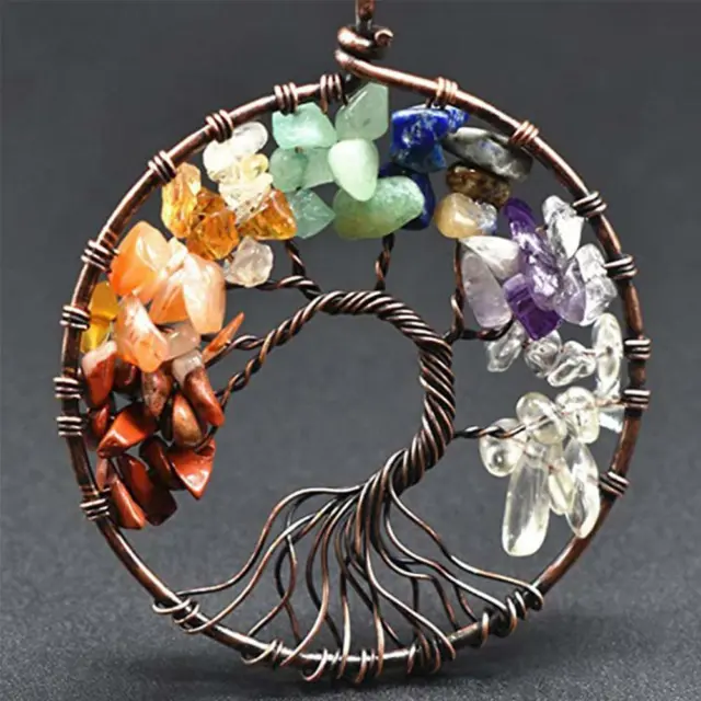 Natural Gemstone Tree of Life Pendant Necklace 7 Chakra Healing Crystal x 1