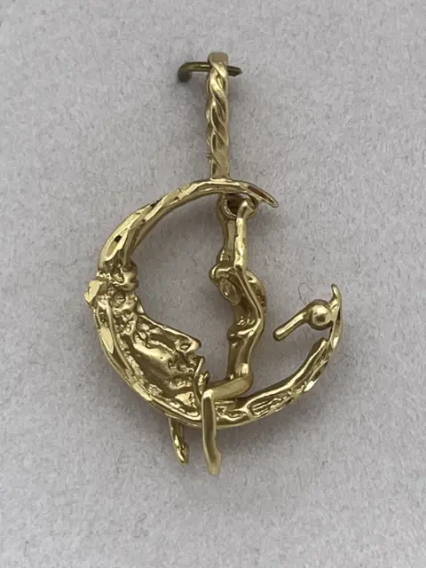 New 14K Solid Yellow Gold Lady On The Moon Swinging 3D Charm Pendant