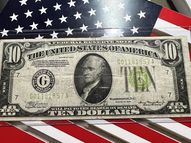 1934 $10 Federal Reserve Note G Chicago IL. Note G01151857A