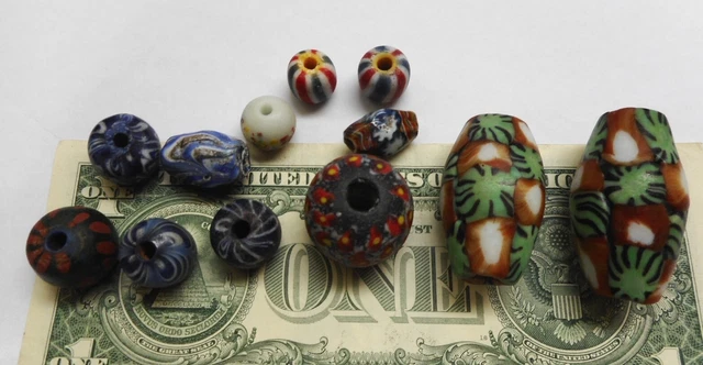 Indonesia Antique Jatim glass trade beads, various colors, millefiori murano